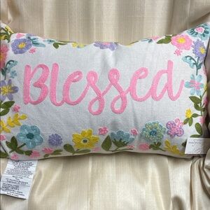 Duck Down Floral Embroidered 'Blessed' Pillow - Pink and Multicolor